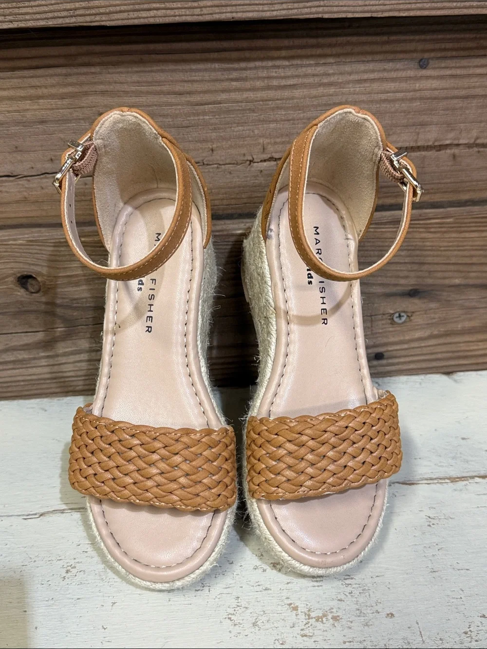 Marc Fisher Tan Woven Espadrille Wedge Sandal with Ankle Strap